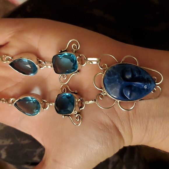 New Goddess Face Lazulite and Blue Topaz 925 Silver Necklace. - Picture 5 of 7